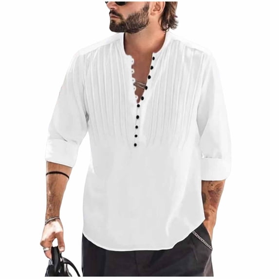 qucoqpe Men's Summer Linen Pullover Tops Trendy V Neck Pleated Front Loose Fit Long Sleeve Tee Shirts