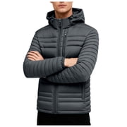 qucoqpe Men's Thermal Solid Long Sleeve Zip Up Puffer Parkas Down Jacket,Fleece Lined,Multi-pocket,with Detachable Hooded