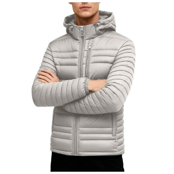 qucoqpe Men's Thermal Solid Long Sleeve Zip Up Puffer Parkas Down Jacket,Fleece Lined,Multi-pocket,with Detachable Hooded