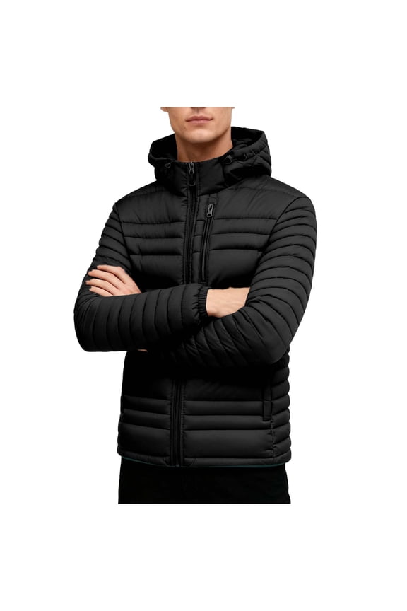 Men's Thermal Solid Long Sleeve Zip Up Puffer Parkas Down Jacket,Fleece Lined,Multi-pocket,with Detachable Hooded