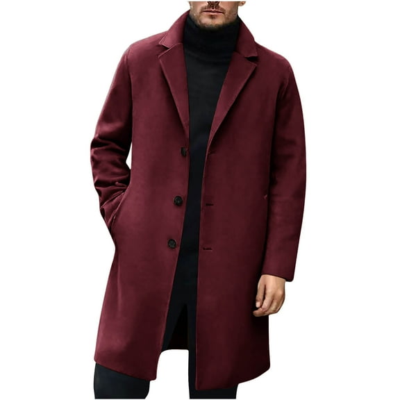 qucoqpe Men's Trendy Wool Trench Coat Mid-Length Lapel Single Breasted Overcoat Classic Long Sleeve Buttons Fall Winter Casual Jacket