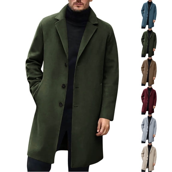 qucoqpe Men's Trendy Wool Trench Coat Mid-Length Lapel Single Breasted Overcoat Classic Long Sleeve Buttons Fall Winter Casual Jacket