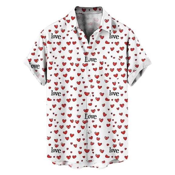 qucoqpe Men's Valentine's Day T-Shirts Fashion Love Heart Printed Turndown Neck Short Sleeve Button Up Blouse Tops
