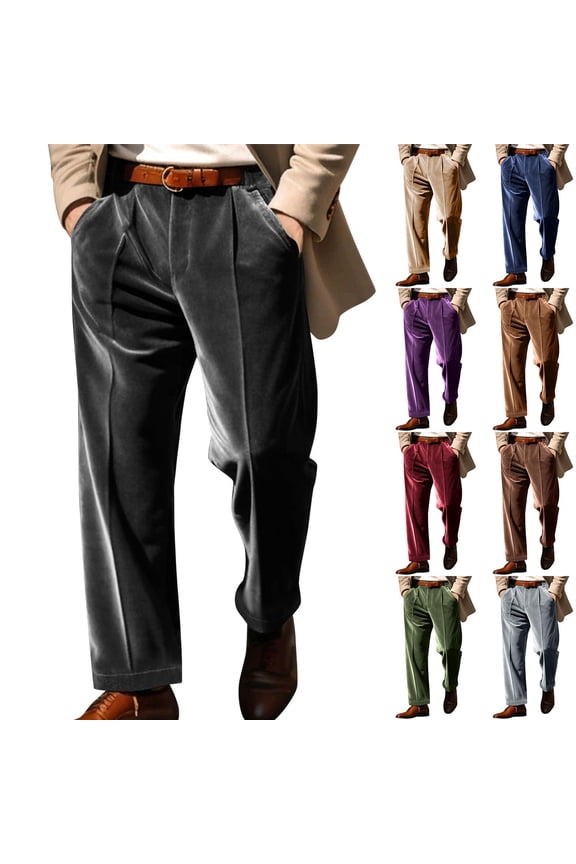 Men's Velvet Trousers Fashion Casual Holiday Solid Color Dress Pants with Pockets