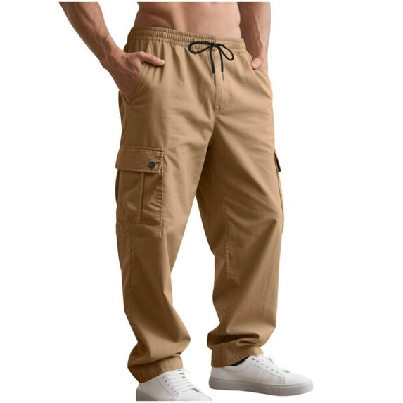 qucoqpe Men's Wide Leg Cargo Pants Solid Color Multiple Pockets Elastic Drawstring Waist Casual Work Trousers