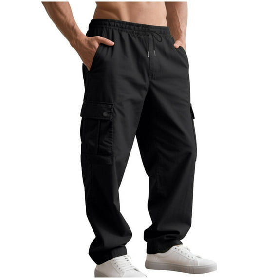 qucoqpe Men's Wide Leg Cargo Pants Solid Color Multiple Pockets Elastic Drawstring Waist Casual Work Trousers