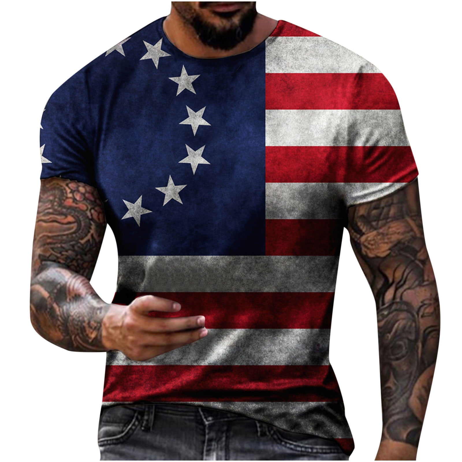qucoqpe Mens American Flag T-Shirt Patriotic Vintage Shirts 4th of July ...