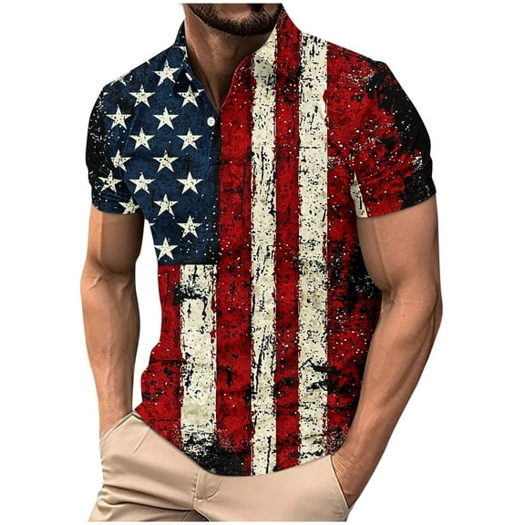 qucoqpe Mens Button Turndown Shirts 4th of July Patriotic T-shirts Independence Day America Flag Short Sleeve Tops