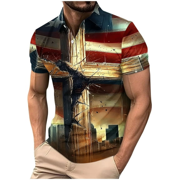 qucoqpe Mens Button Turndown Shirts 4th of July Patriotic T-shirts Independence Day America Flag Short Sleeve Tops
