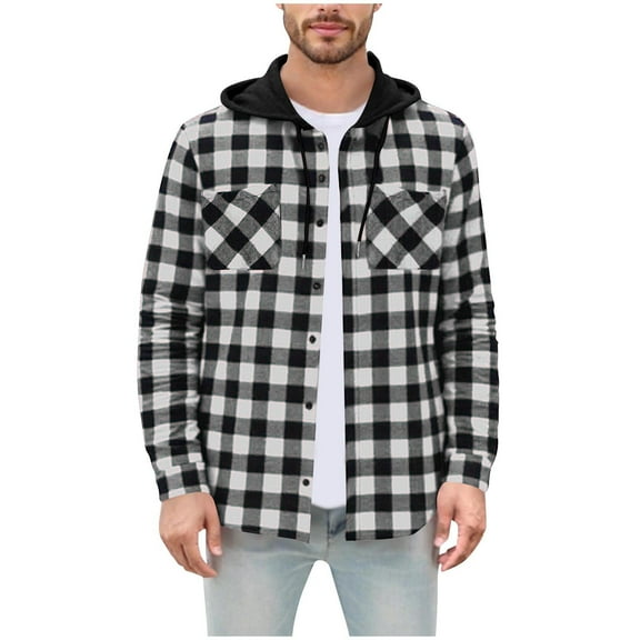 qucoqpe Mens Flannel Hoodie Shirts Long Sleeve Button Down Plaid Shacket Jacket Casual Stylish Hooded Blouse Coatwith Pockets