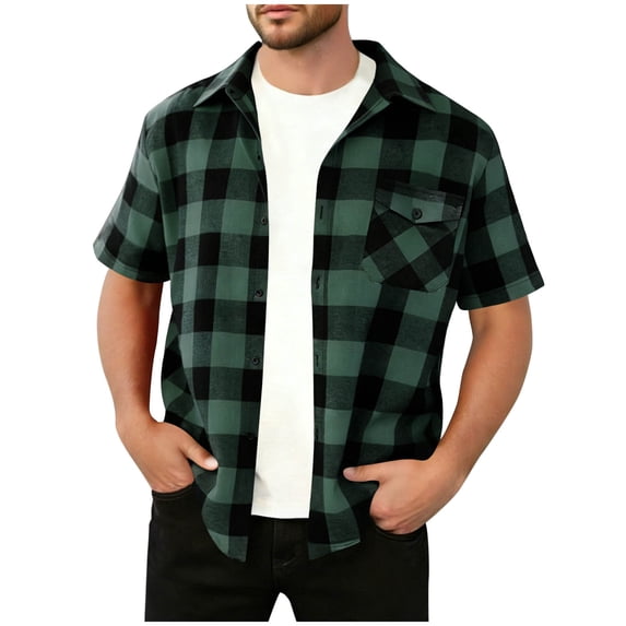 qucoqpe Mens Flannel Shirt Short Sleeve Lapel Plaid Shirts Casual Button Down Jacket