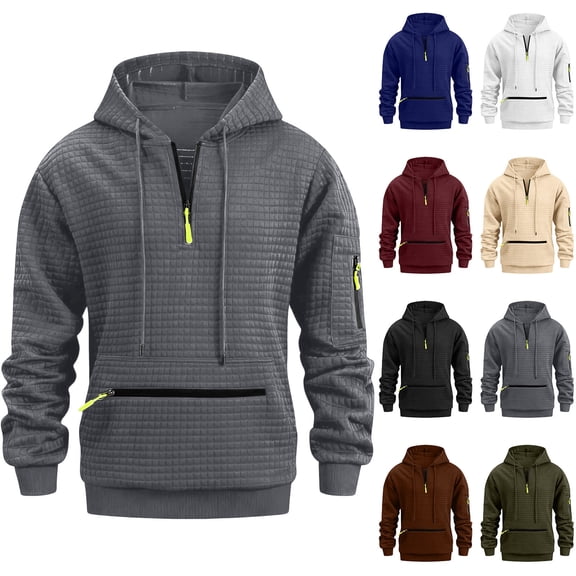 qucoqpe Mens Hoodies Quarter Zip Drawstring Hooded Sweatshirt Fall Long Sleeve Casual Textured Pullover Tops with Zipper Pockets