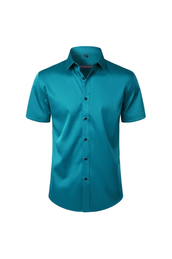 Mens Short Sleeve Dress Shirts Fashion Solid Color Button Down Collared Blouse Casual Business Uniform