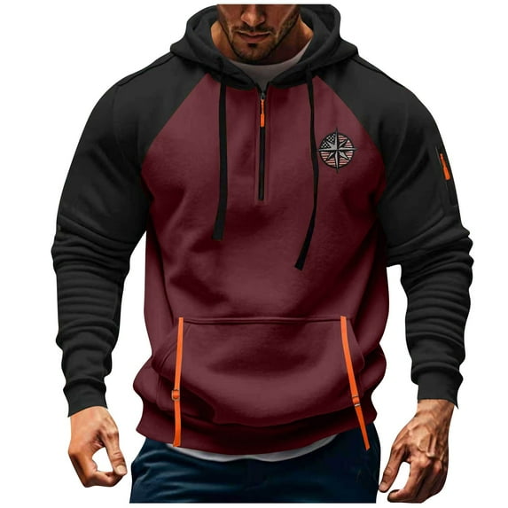 qucoqpe Mens Trendy Quarter Zip Sweatshirt Fall Fashion Color Block Pullover Hoodies Casual Drawstring Sports Hooded Sweatshirts for Men