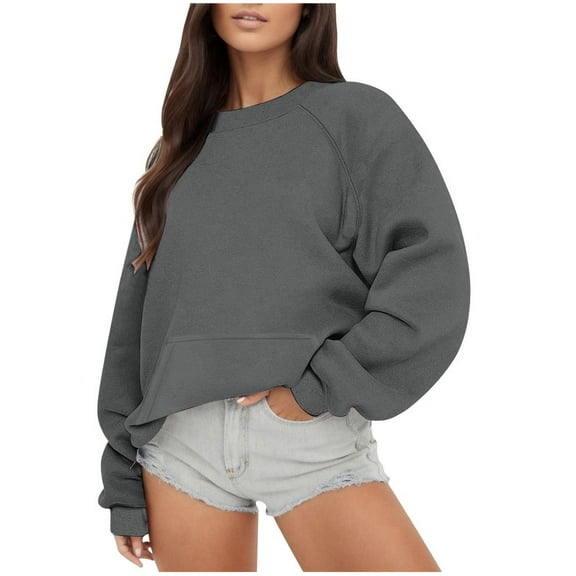 qucoqpe Oversized Soft Crewneck Sweatshirt for Women Casual Loose Cozy Round Neck Long Sleeve Pullover Top with Front Pocket Dark Gray XL