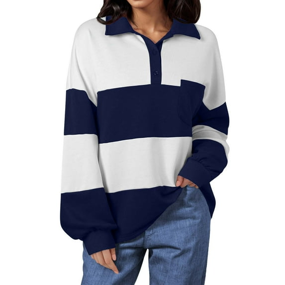 qucoqpe Oversized Striped Printed Sweatshirts for Women Contrast Collar Buttons Lapel Long Sleeve Pullover Casual Top for Fall and Winter White L