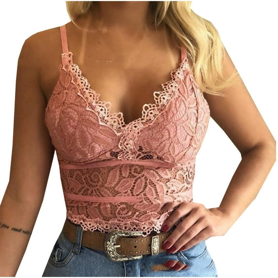 qucoqpe Padded Bralettes for Women Sexy, Plus Size Floral Lace Scalloped Trim Wireless Bra, Adjustable Strap V Neck Lingerie Bandeau Bras for Women Girls