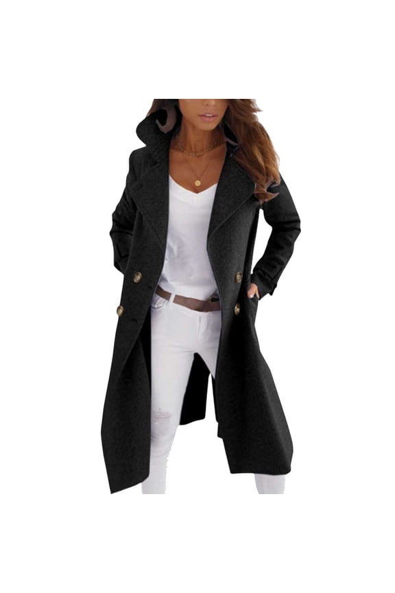 Pea Coats for Women 2025 Fall Winter Fashion Casual Solid Collar Lapel Collar Jackets Outerwear Long Sleeve Doule Breasted Button Up Long Trench Coats with Pockets