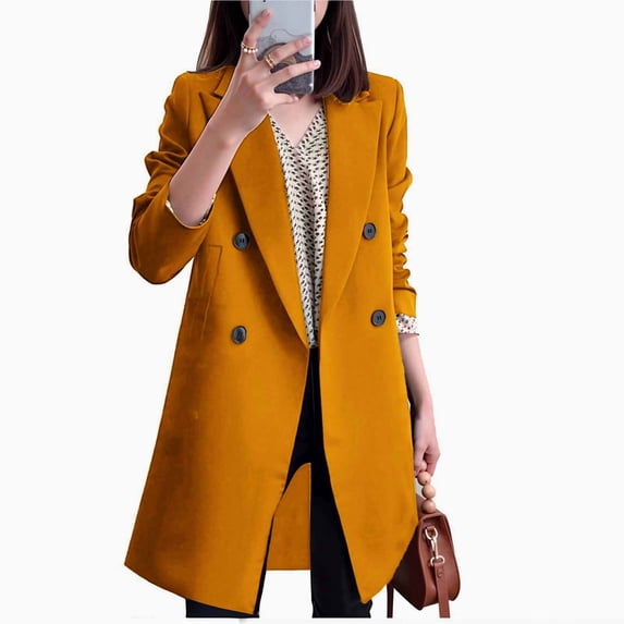 qucoqpe Pea Coats for Women 2025 Fall Winter Fashion Casual Solid Lapel Collar Jackets Long Sleeve Button Long Outerwear