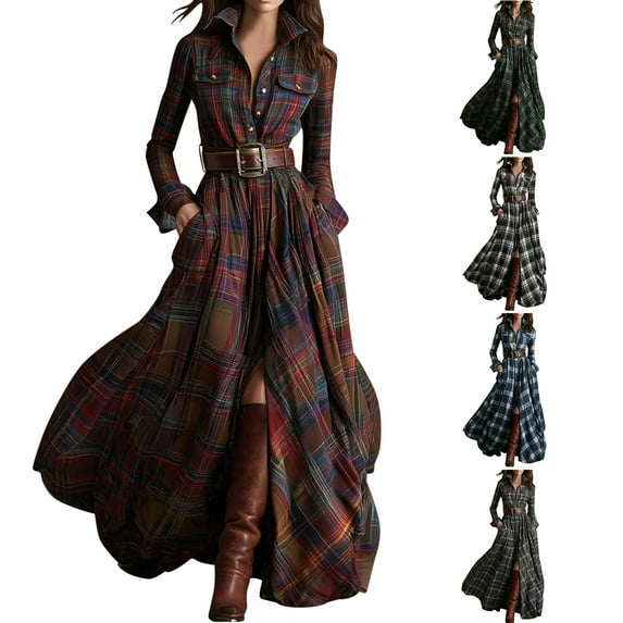 qucoqpe Plaid Maxi Dress for Women Fashion Vintage Lapel Long Sleeve Boho Dresses Loose Casual Buttons Belt Long Dress