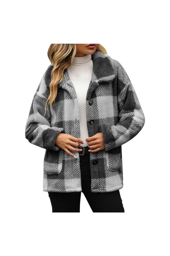 Plaid Shirt Jackets for Women Oversized Fuzzy Fleece Flannel Long Sleeve Button Down Shacket Coats Classic Lapel Blouse Tops