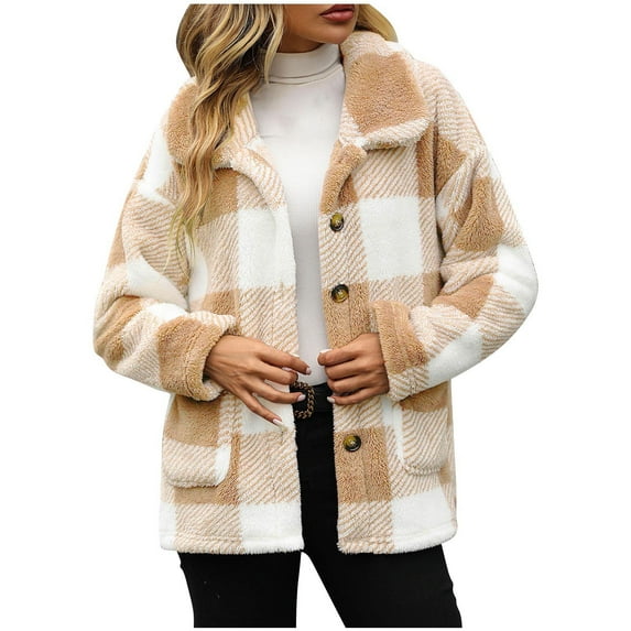 qucoqpe Plaid Shirt Jackets for Women Oversized Fuzzy Fleece Flannel Long Sleeve Button Down Shacket Coats Classic Lapel Blouse Tops