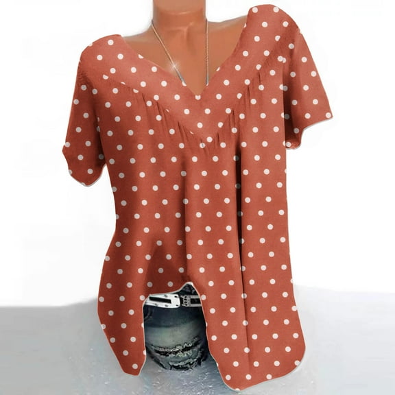 qucoqpe Womens Plus Size Tops Fashion Casual Polka Dots Prints V-Neck Short Sleeve Ruched Tunic Blouse Tee Summer Camisas De Mujer T-Shirts