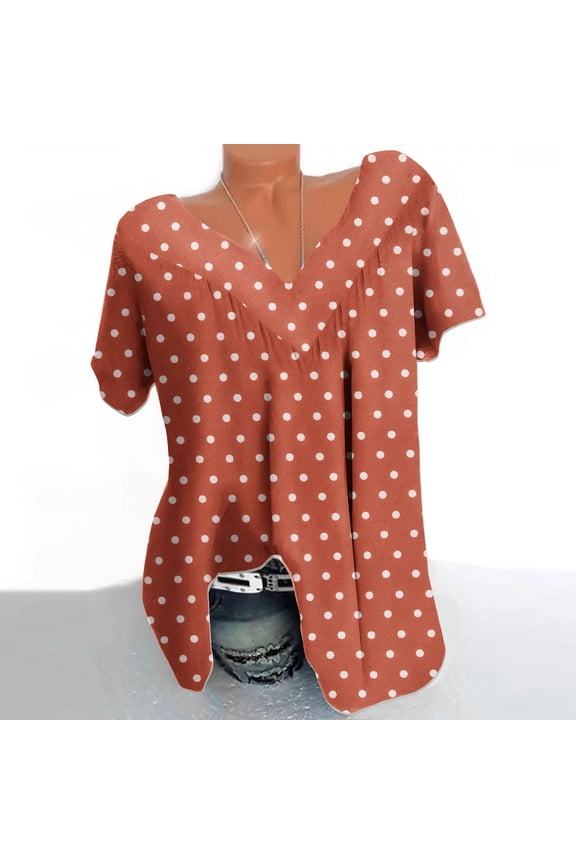 Womens Plus Size Summer Tops Fashion Polka Dots Printed V Neck Short Sleeve Ruched Tunic Blouse Casual Loose T Shirts for Women