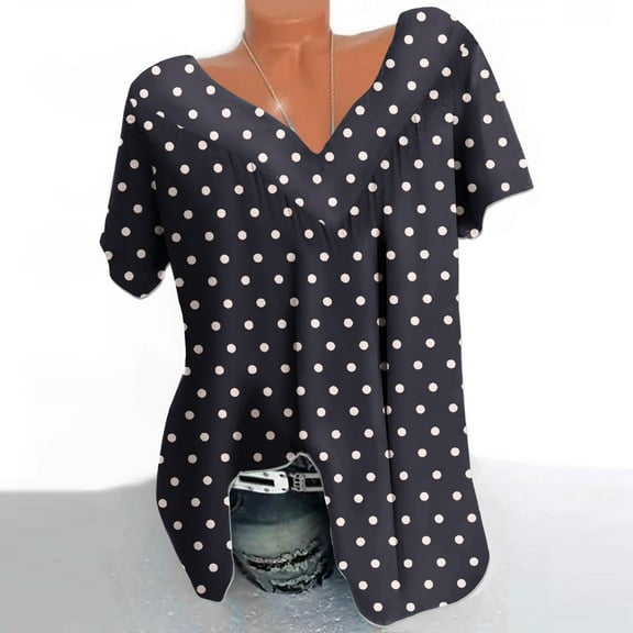 qucoqpe Womens Plus Size Tops Fashion Casual Polka Dots Prints V-Neck Short Sleeve Ruched Tunic Blouse Tee Summer Camisas De Mujer T-Shirts