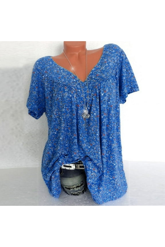 Plus Size Blouse for Women Fashion Casual Solid Color Printing V-Neck Short Sleeve Ruched Tunic Tee Summer Camisas De Mujer T-Shirt Tops