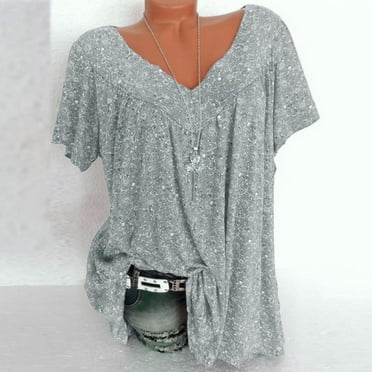 qucoqpe Plus Size Blouse for Women Fashion Casual Solid Color Printing V-Neck Short Sleeve Ruched Tunic Tee Summer Camisas De Mujer T-Shirt Tops