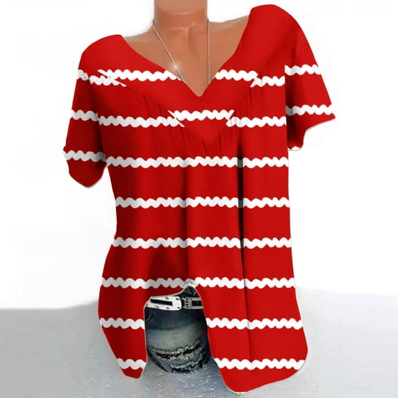 qucoqpe Plus Size Blouse for Women Fashion Casual Stripe Printing V-Neck Short Sleeve Ruched Tunic Tee Summer Camisas De Mujer T-Shirt Tops