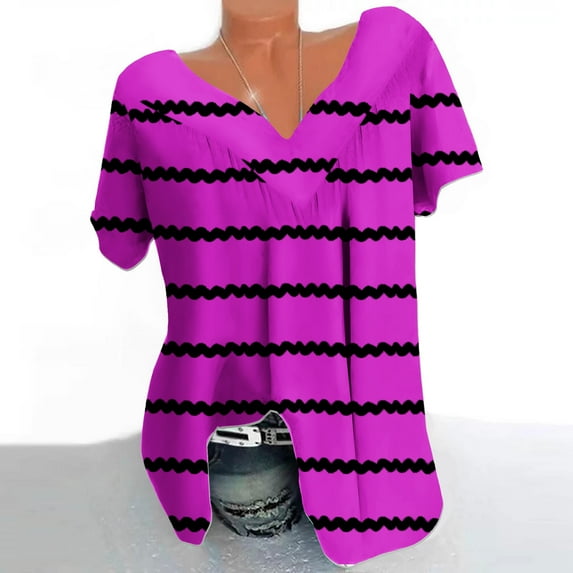 qucoqpe Plus Size Blouse for Women Fashion Casual Stripe Printing V-Neck Short Sleeve Ruched Tunic Tee Summer Camisas De Mujer T-Shirt Tops