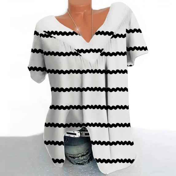qucoqpe Plus Size Blouse for Women Fashion Casual Stripe Printing V-Neck Short Sleeve Ruched Tunic Tee Summer Camisas De Mujer T-Shirt Tops