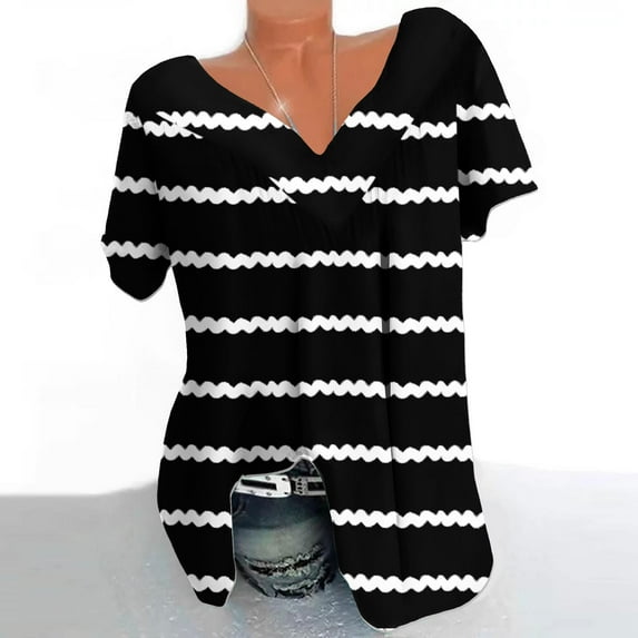 qucoqpe Plus Size Blouse for Women Fashion Casual Stripe Printing V-Neck Short Sleeve Ruched Tunic Tee Summer Camisas De Mujer T-Shirt Tops