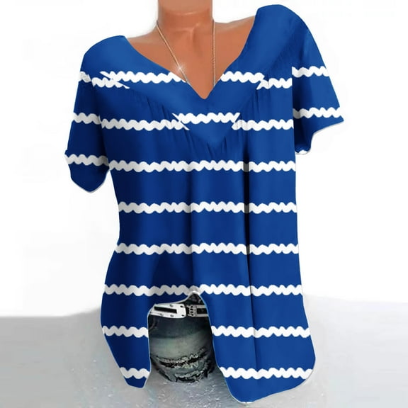 qucoqpe Plus Size Blouse for Women Fashion Casual Stripe Printing V-Neck Short Sleeve Ruched Tunic Tee Summer Camisas De Mujer T-Shirt Tops