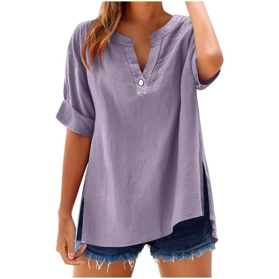Dvprdro Plus Size Blouse for Women Trendy Solid Button V Neck Imitation Cotton Linen Tunic Shirt Dressy Casual Side Slit 3/4 Sleeve Pullover T-Shirt Summer Tops