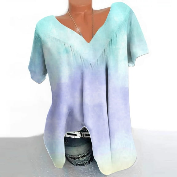 qucoqpe Womens Plus Size Tops Fashion Casual Gradient Prints V-Neck Short Sleeve Ruched Tunic Blouse Tee Summer Camisas De Mujer T-Shirt Tops