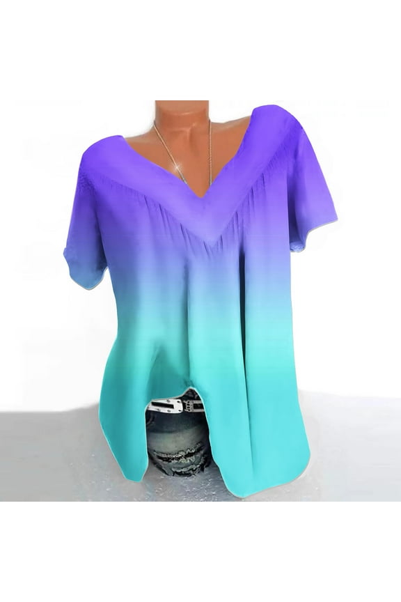 Womens Plus Size Tops Fashion Casual Gradient Prints V-Neck Short Sleeve Ruched Tunic Blouse Tee Summer Camisas De Mujer T-Shirt Tops