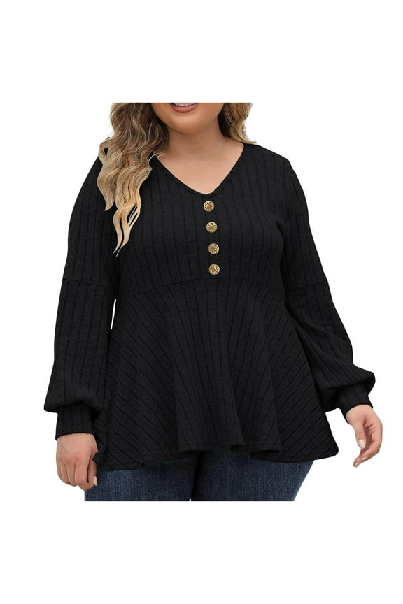 Plus Size Catching Wool Sweaters for Women Casual Soft Ribbed Long Lantern Sleeve Knit Pullover Button Up V Neck Blouse Tops