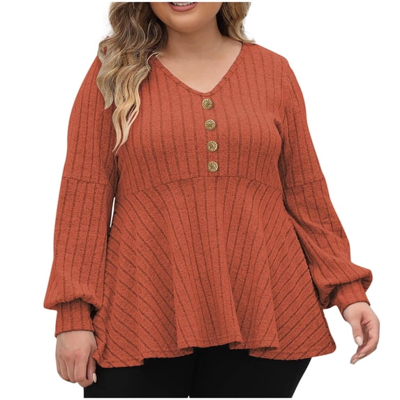 qucoqpe Plus Size Catching Wool Sweaters for Women Casual Soft Ribbed Long Lantern Sleeve Knit Pullover Button Up V Neck Blouse Tops