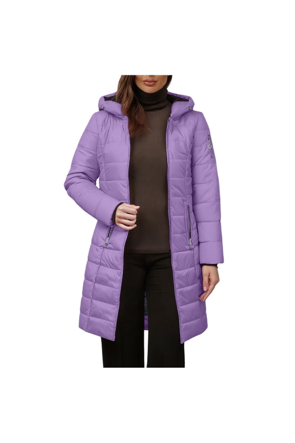 Plus Size Quilted Puffer Jackets for Women Fall Winter Long Hooded Parka Womens Long Fleece Lined Thicken Padded Jacket Down Coat with Zip Pockets