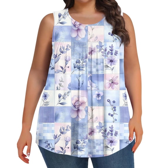 qucoqpe Plus Size Summer Tank Tops for Women Fashion Casual Floral Print Ruched Crew Collar Sleeveless Tunic Shirts Trendy Vacation Loose Fitted Blouses