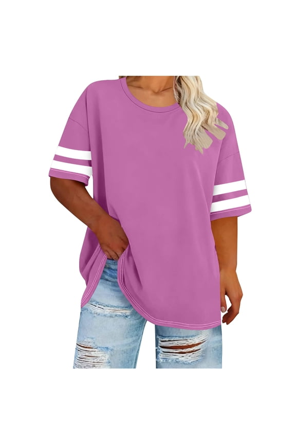 Plus Size Summer Tunic Tops for Women Fashion Casual Color Block Round Neck Striped Half Sleeve Blouses Trendy Vacation T-shirts Loose Fitted Tee