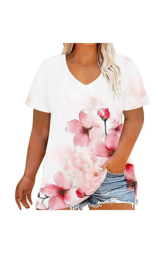 Plus Size Summer Tunic Tops for Women Fashion Casual Floral Printed V Neck Short Sleeve T-shirts Trendy Dressy Loose-fitting‌ Blouses