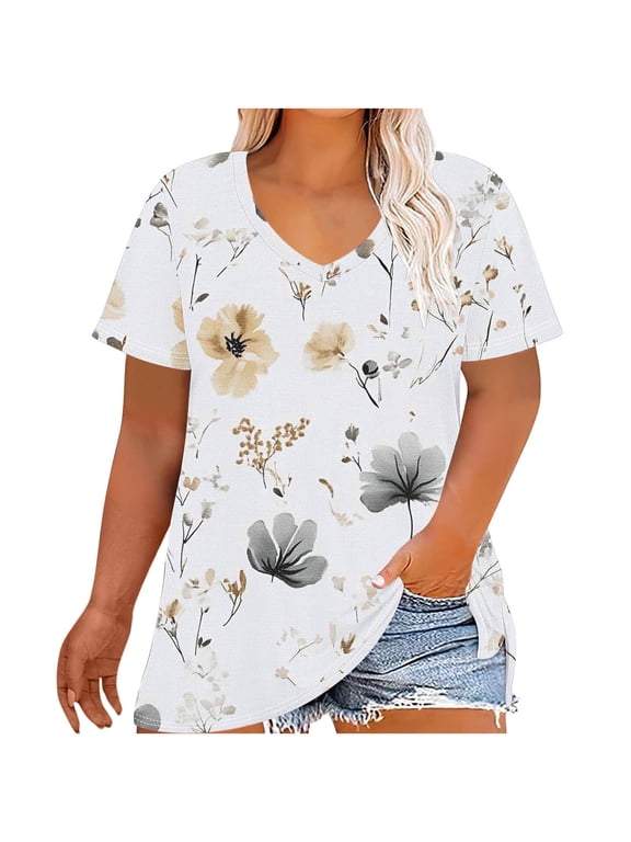 Plus Size Summer Tunic Tops for Women Fashion Casual Floral Printed V Neck Short Sleeve T-shirts Trendy Dressy Loose-fitting Blouses
