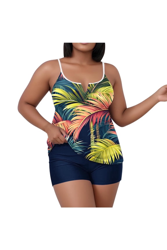 Plus Size Tankini Swimsuits for Women Fashion Floral Printed Two Piece Modest Bathing Suits Beach Holiday Swimwear with Boyshorts