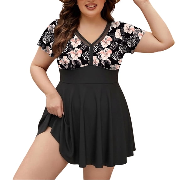 qucoqpe Plus Size Tankini Swimsuits for Women Floral Print Lace Tummy Control Modest 2 Piece Bathing Suit Summer Beach Swimdress with Shorts
