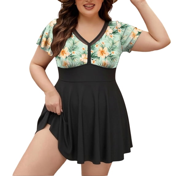 qucoqpe Plus Size Tankini Swimsuits for Women Floral Print Lace Tummy Control Modest 2 Piece Bathing Suit Summer Beach Swimdress with Shorts
