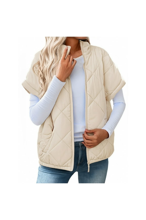 Puffer Vest Tops for Women Solid Short Sleeve Quilted Jackets Casual Lightweight Zip Up Warm Vests
